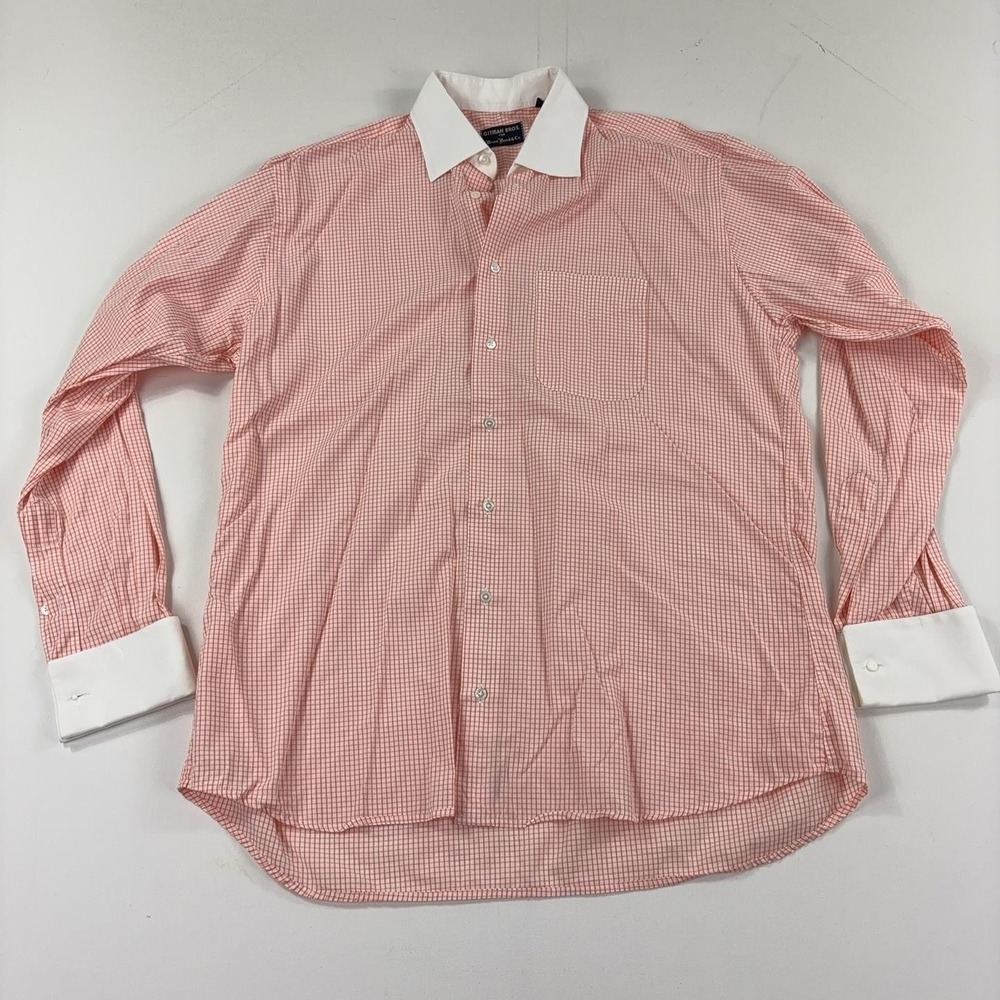 Gitman Bros Shirt Mens 16 34/35 Orange Gingham French Cuff Dress Long Sleeve